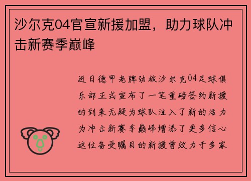 沙尔克04官宣新援加盟，助力球队冲击新赛季巅峰