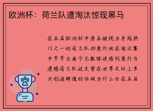 欧洲杯：荷兰队遭淘汰惊现黑马