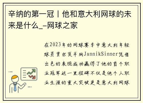 辛纳的第一冠丨他和意大利网球的未来是什么_-网球之家