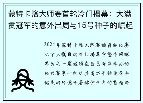 蒙特卡洛大师赛首轮冷门揭幕：大满贯冠军的意外出局与15号种子的崛起
